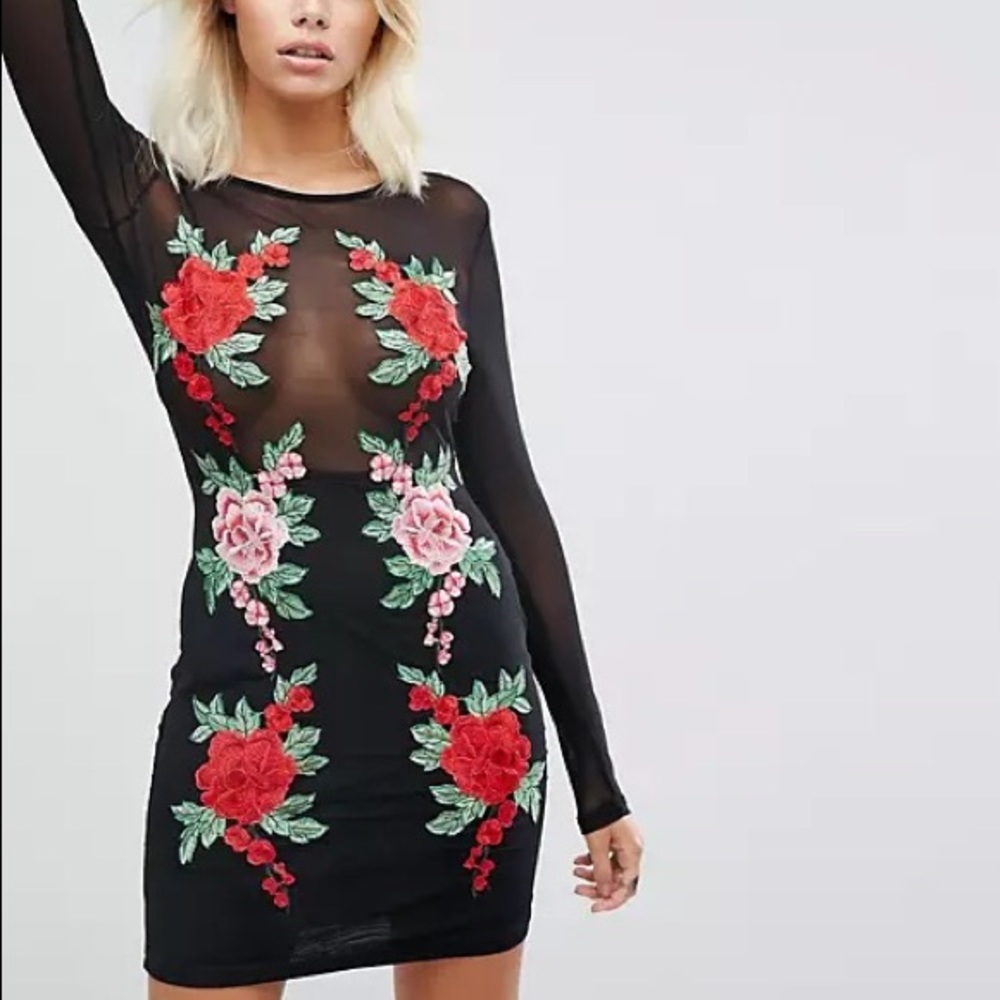 NaaNaa Mesh Bodycon Mini Dress with Floral Appliqué